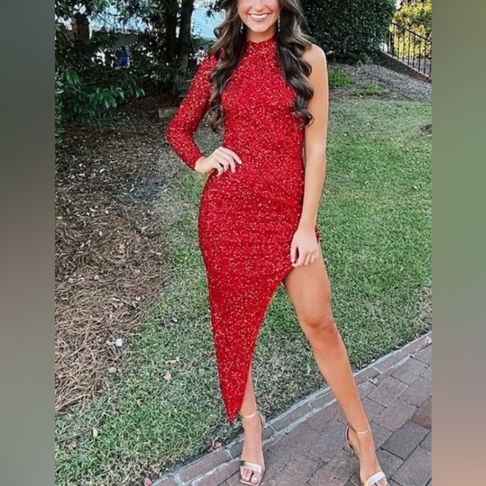 Sparkly Red Asymmetrical Dress with one shoulder and high slit